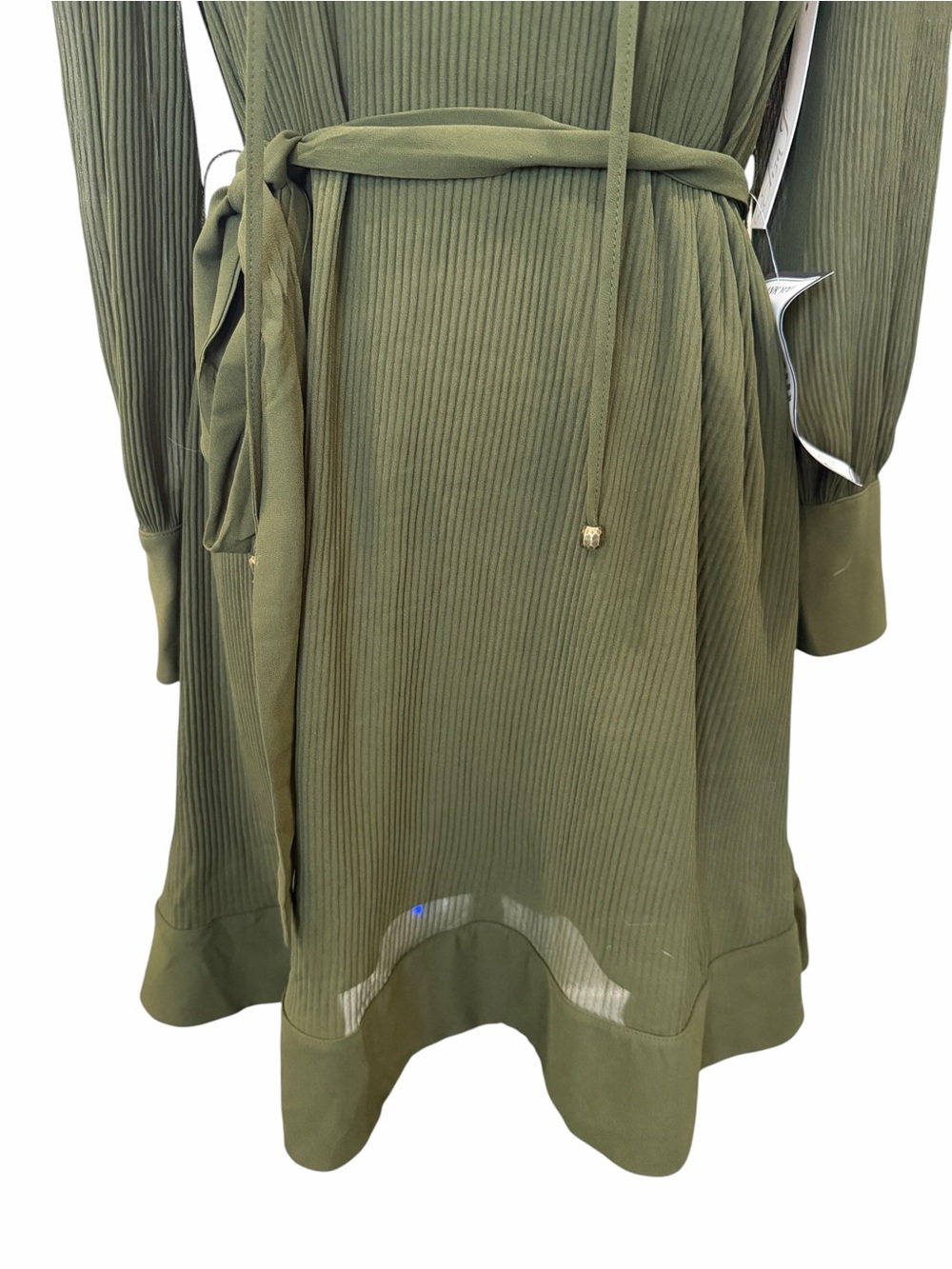 Eliza J Pleated Tie Waist Shift Dress Long Sleeve Split Neck Olive Green 6 NWT - Picture 10 of 14